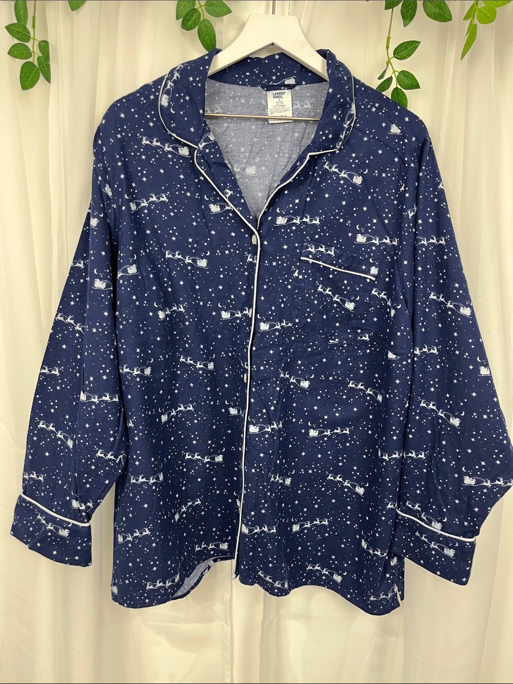 Lands’ End Holiday Sleep Set 2X Navy & White Stars & Santa Pattern Relaxed EUC C